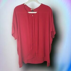 Dana Buchman Sz L Red Chiffon Slouch Shoulder Tuxedo Pleat Button Down Shirt